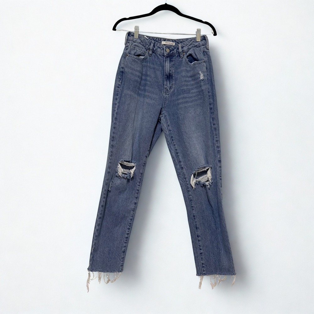 PacSun Womens Mom Jeans Size 27 Medium Wash Distressed Ripped Raw Hem High Rise
